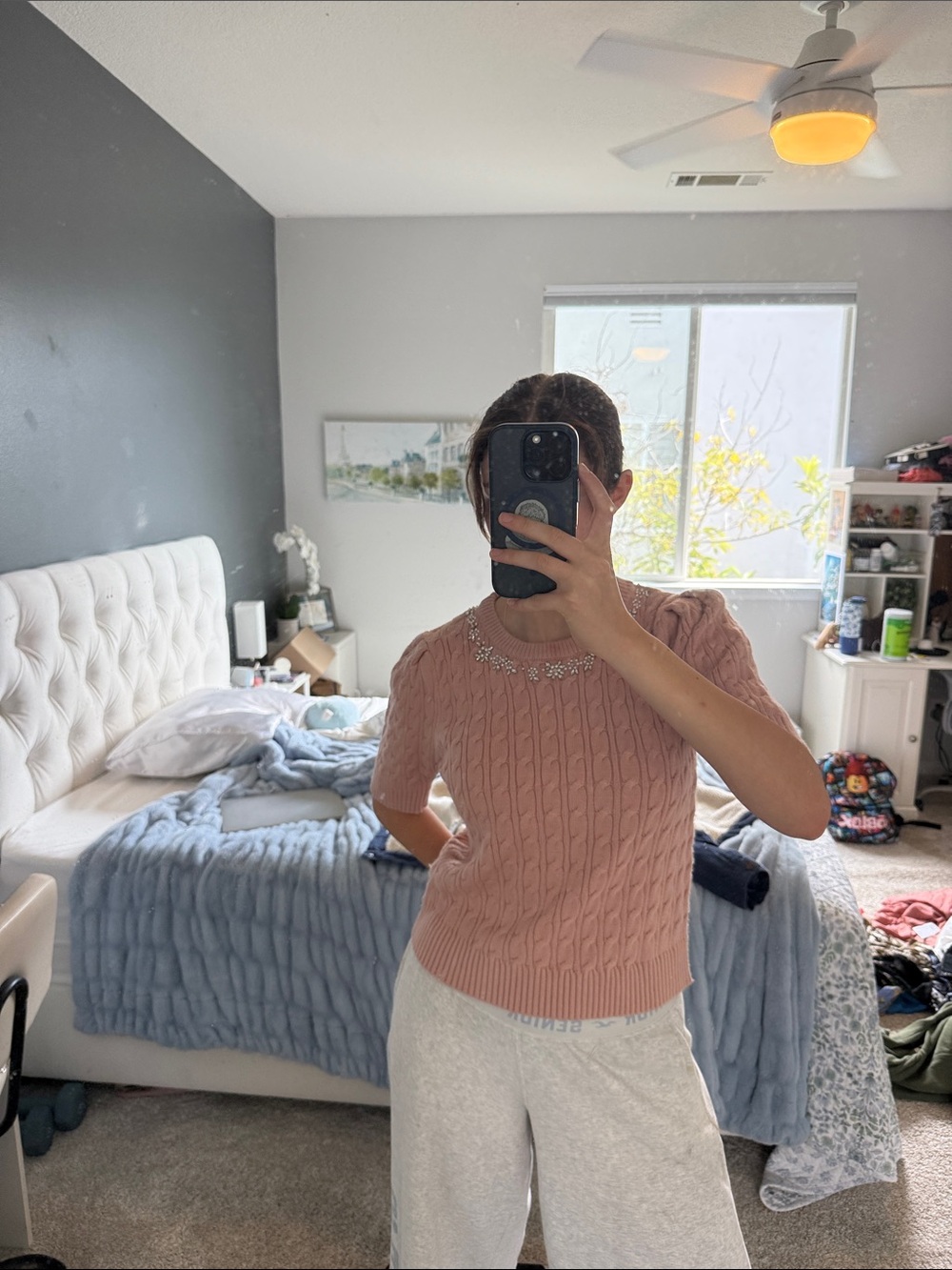 Mango Beaded Cable-Knit Short Sleeve Sweater in Dusty Pink